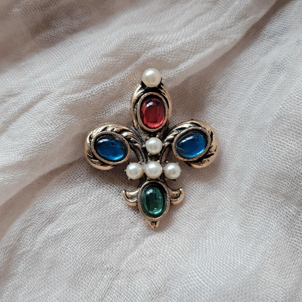 Vintage‎ 80s Fleur De Lis Brooch Gold Tone Cabochon Acrylic Jewels Glam Unisex - Picture 2 of 6